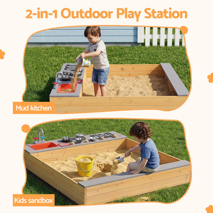 Keezi Wooden Sandpit Sand Pit Outdoor Kids Toy Box Mud Kitchen Sink Storage Bench