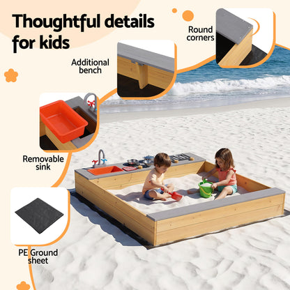 Keezi Wooden Sandpit Sand Pit Outdoor Kids Toy Box Mud Kitchen Sink Storage Bench
