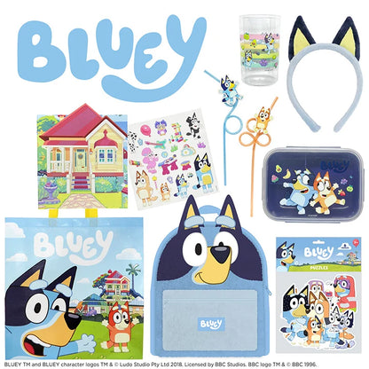 Bluey showbag contents: headband and zip pouch with printed character art