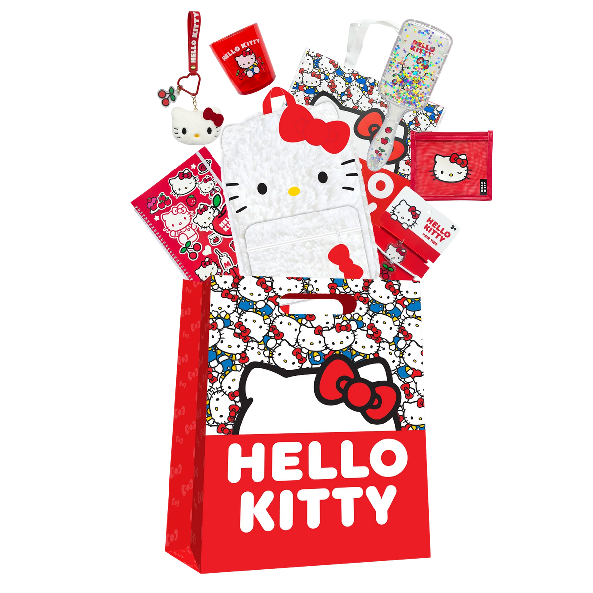 Red Hello Kitty showbag with plush face, patterned items, and hanging charm