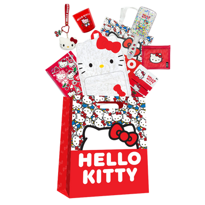 Red Hello Kitty showbag with plush face, patterned items, and hanging charm
