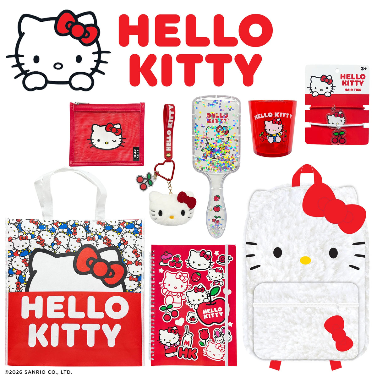 Hello Kitty showbag set with red pouches, confetti bottle, and assorted accessories