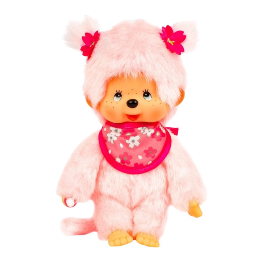 Pink plush girl doll with fluffy hood, flower details, and red patterned bib scarf