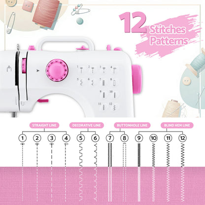 Devanti 12 Stitches Mini Sewing Machine for Beginners Portable Sewing Machine Kit with LED Lights