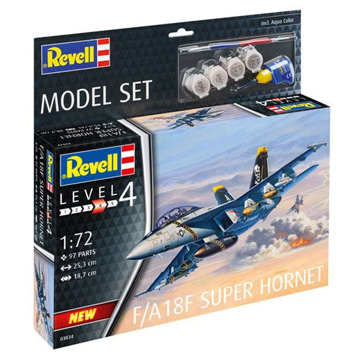 Revell 1/72 F/A-18E Super Hornet model kit box with paint and parts accessory
