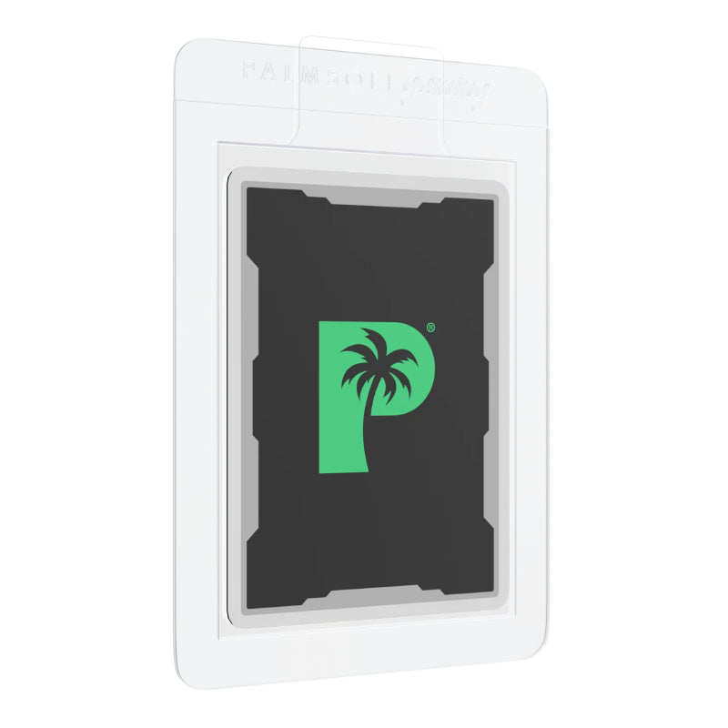Palms Off Gaming semi-rigid grading holder with a dark card insert and green palm logo