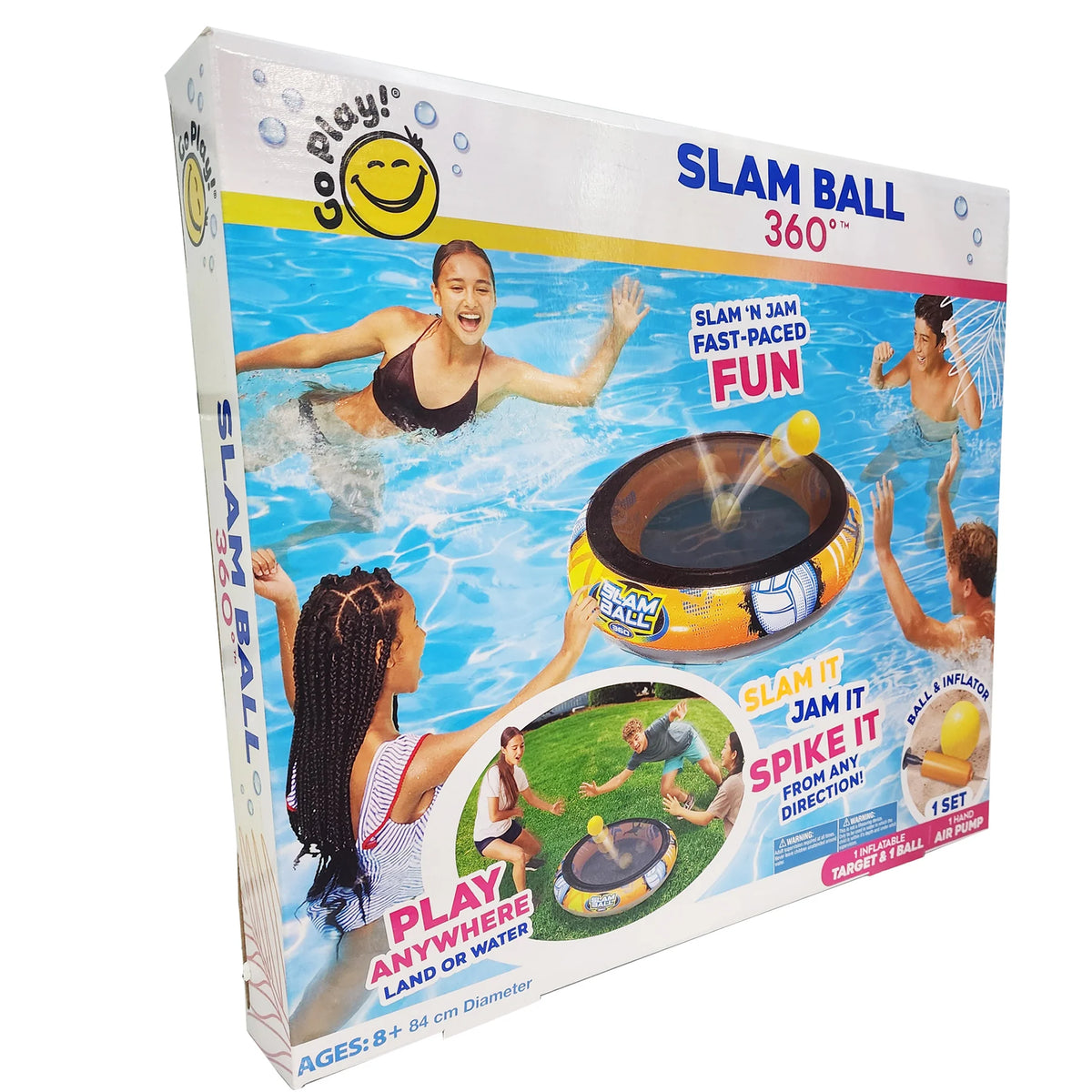 Box for 360-degree pool slam ball with water play graphics and accessories