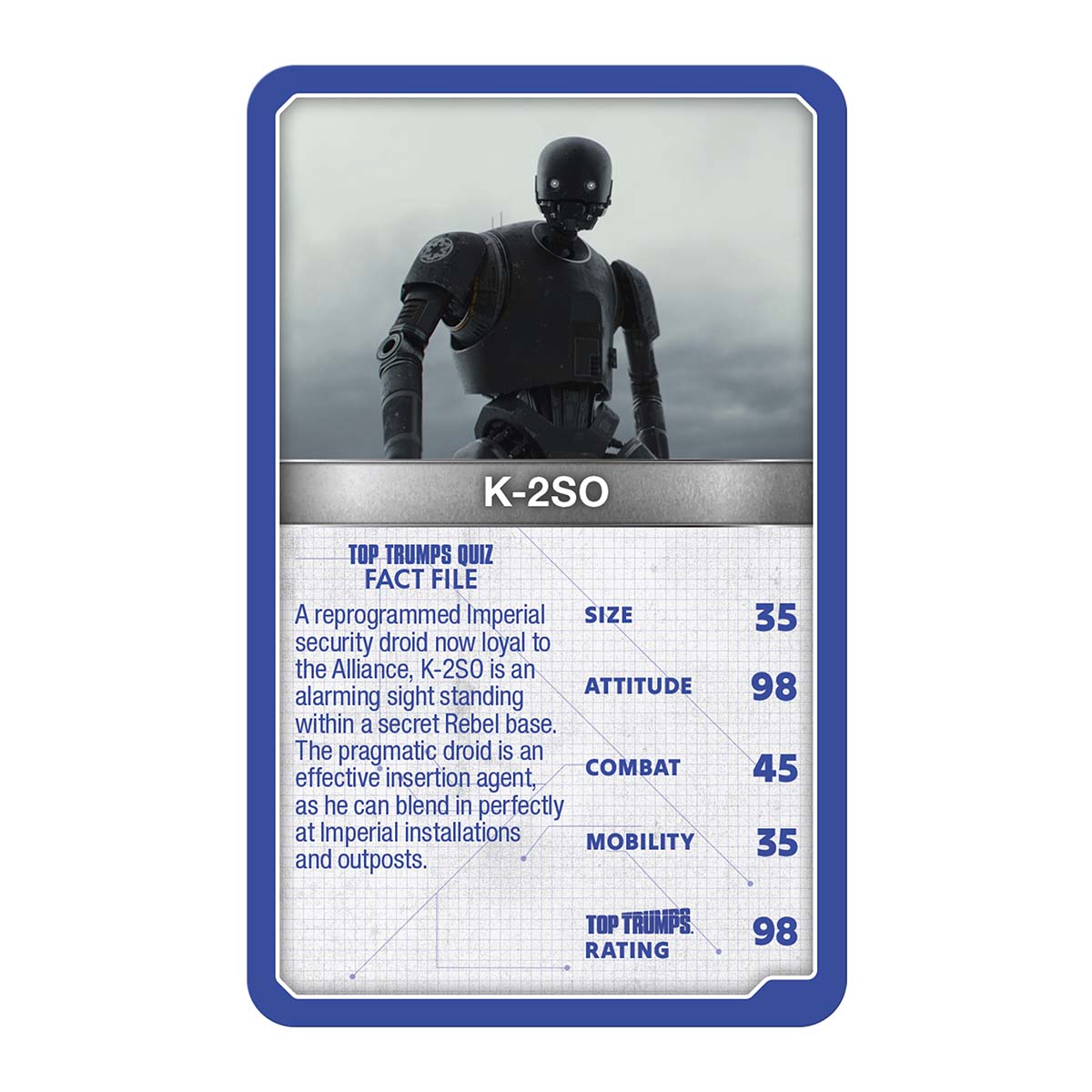 Top Trumps droids card showing K-2SO portrait, blue stats panel and ratings