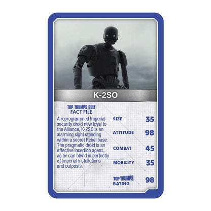 Top Trumps droids card showing K-2SO portrait, blue stats panel and ratings