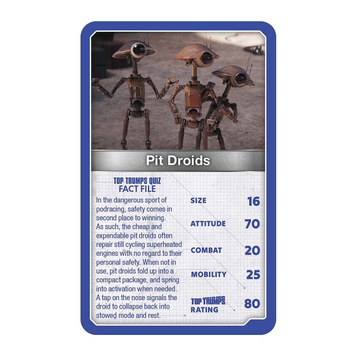 Top Trumps droids card showing Pit Droids group portrait, blue stats panel and ratings