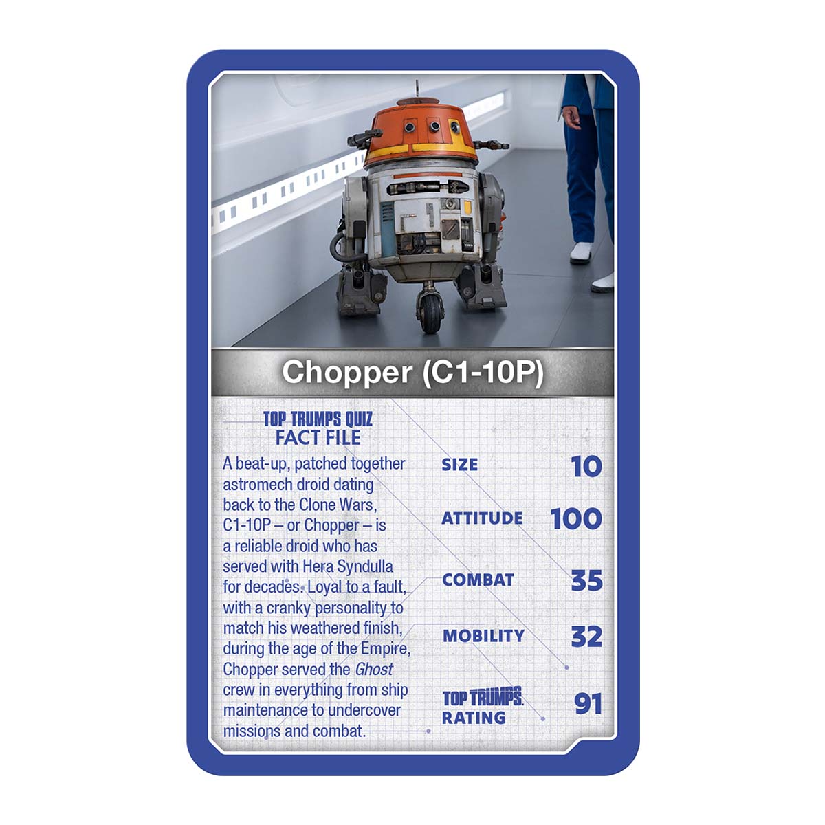 Top Trumps droids card showing Chopper (C1-10P) robot portrait, blue stats panel and ratings