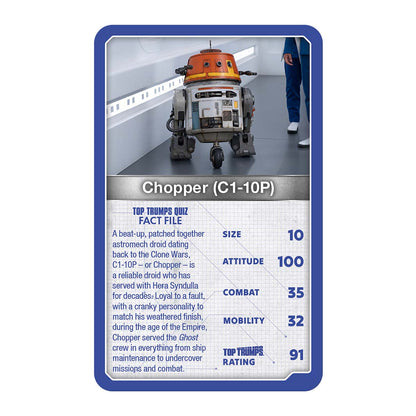 Top Trumps droids card showing Chopper (C1-10P) robot portrait, blue stats panel and ratings