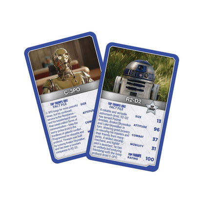 Two Top Trumps droids cards: C-3PO and R2-D2 with blue frames