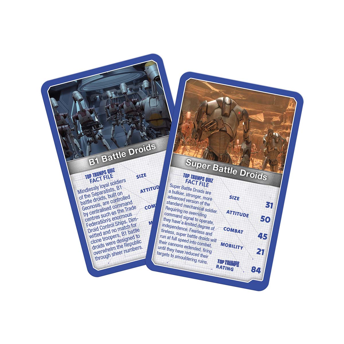 Two Top Trumps droids cards: B1 Battle Droids and Super Battle Droids