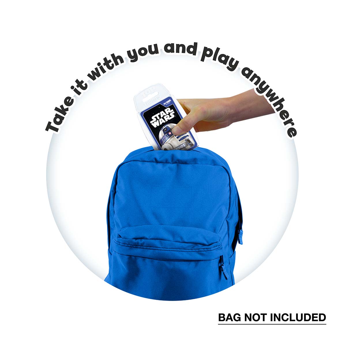 Person pulling Top Trumps droids card from a blue backpack pocket