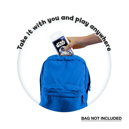Person pulling Top Trumps droids card from a blue backpack pocket