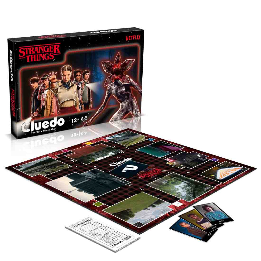 Cluedo Stranger Things board game box with board tiles and included pieces