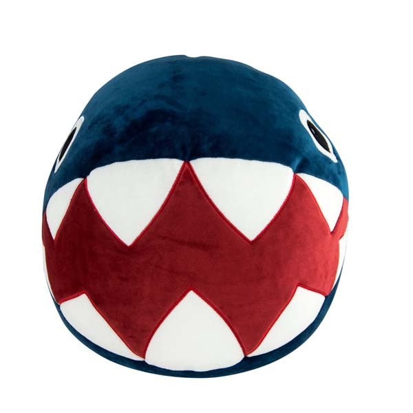Mega Chain Chomp plush with blue body, red zigzag teeth and white eye details.