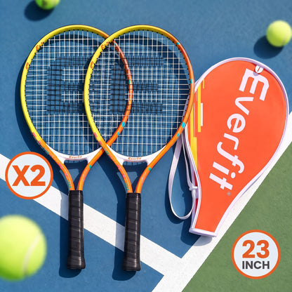 23-inch tennis racket set of 2 with orange heads, yellow strings, and cushioned black grips
