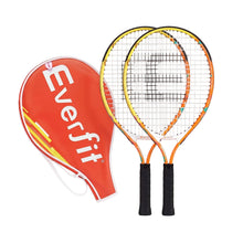 Two lightweight tennis rackets with orange head covers, yellow frames, and black cushioned grips