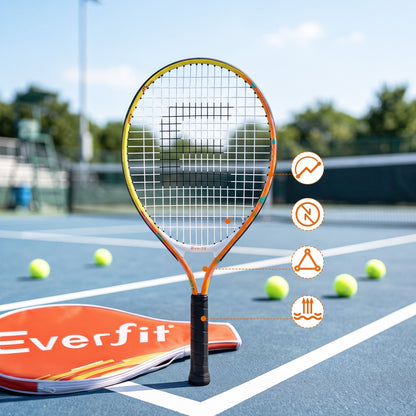 Orange tennis racket on a court with cushioned black handle grip and yellow frame
