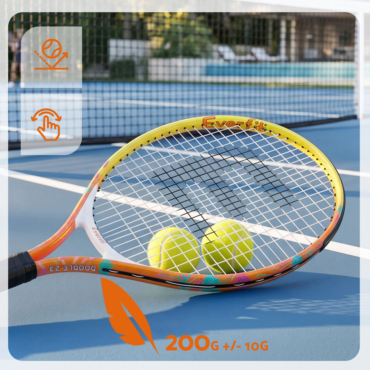 Close-up tennis racket head with grid strings, orange rim, yellow frame, and black handle