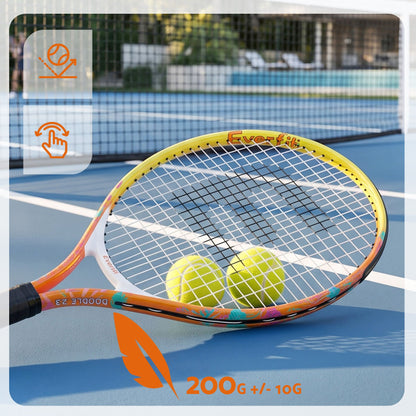 Close-up tennis racket head with grid strings, orange rim, yellow frame, and black handle