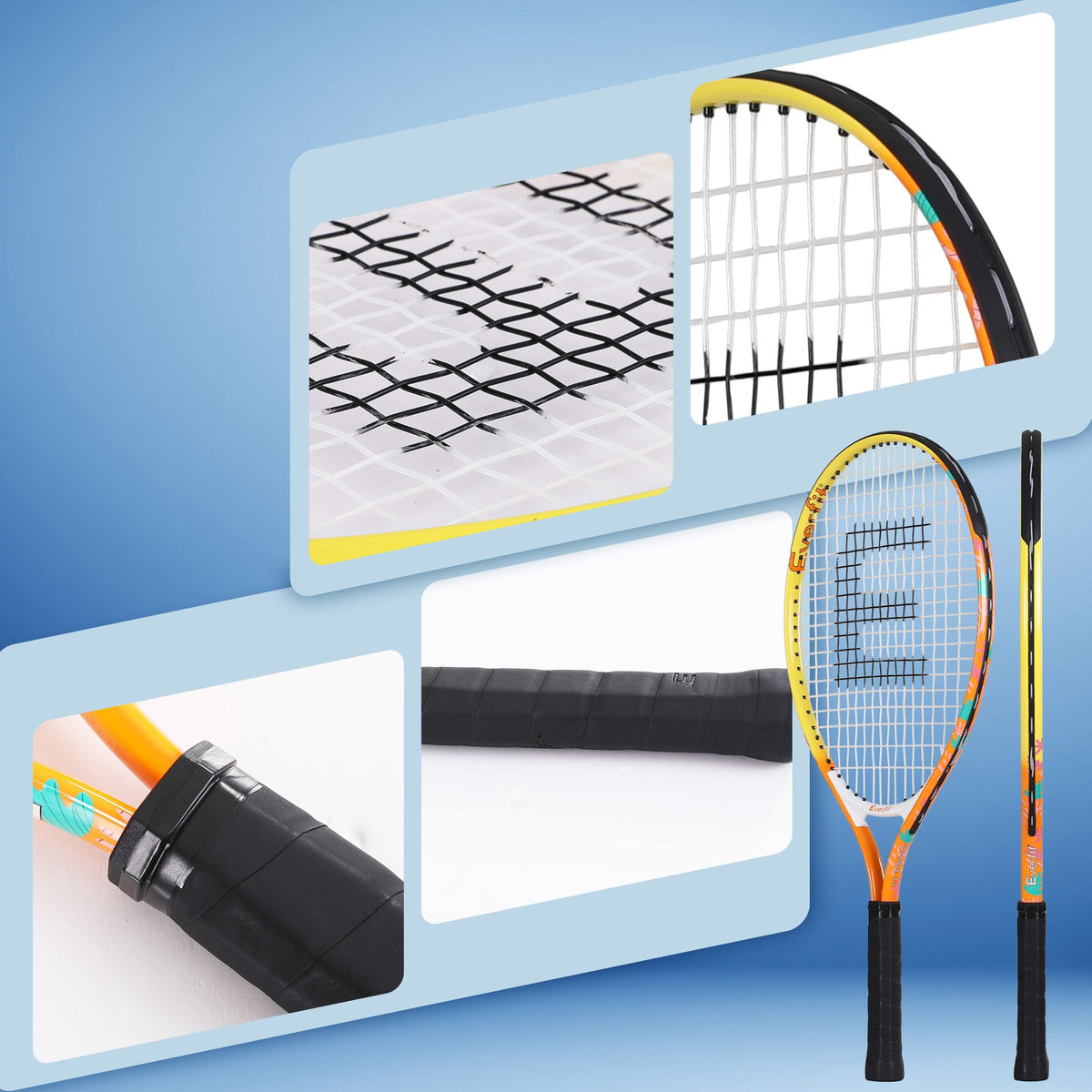 Set of two tennis rackets with yellow-and-orange frames and black cushioned handle grips