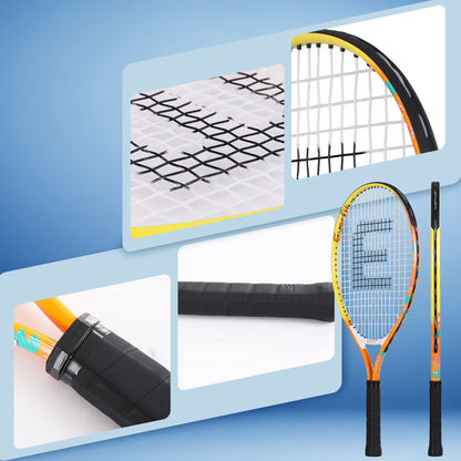 Set of two tennis rackets with yellow-and-orange frames and black cushioned handle grips
