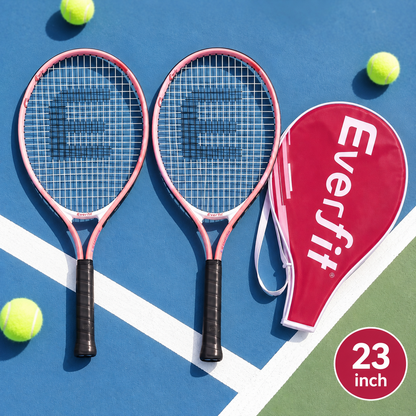 23-inch pink tennis racket set with black cushioned grips and matching carry bag