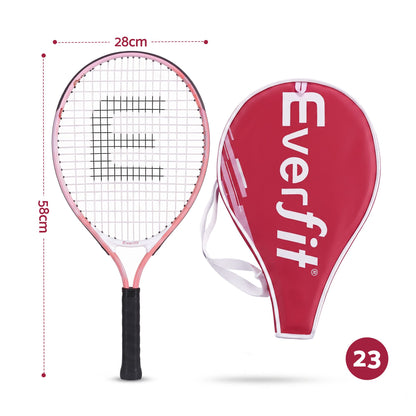 23-inch pink tennis racket with black cushioned handle and protective cover