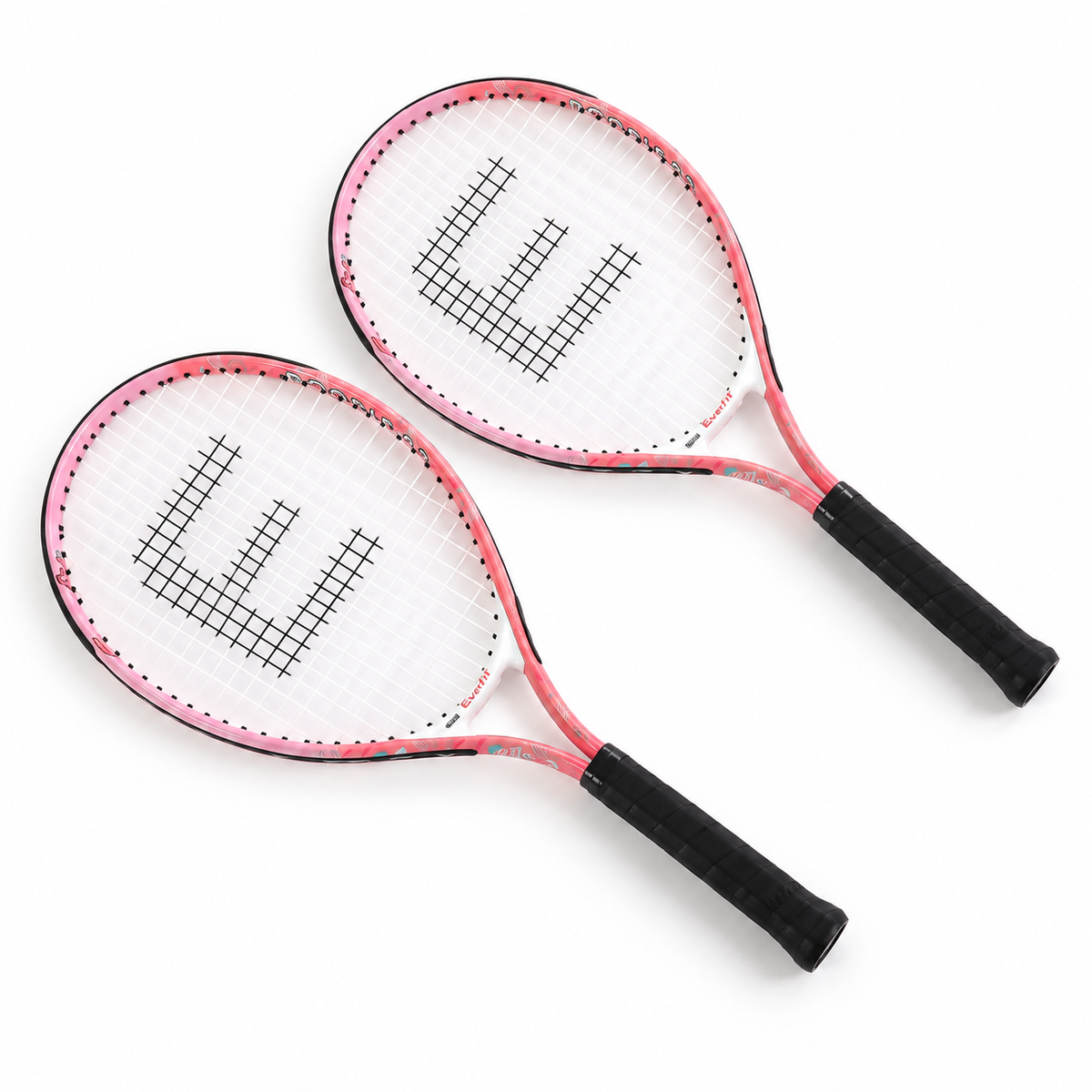 Pair of pink tennis rackets with black cushioned grips and white string bed