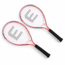 Pair of pink tennis rackets with black cushioned grips and white string bed