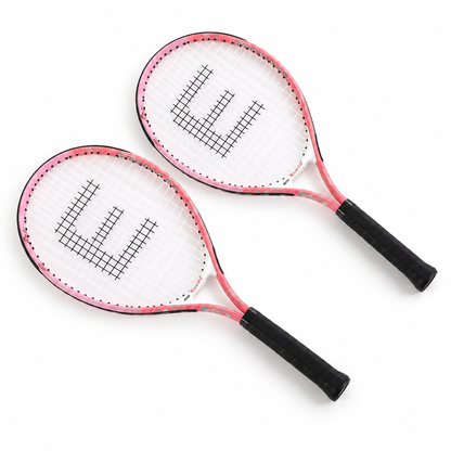 Pair of pink tennis rackets with black cushioned grips and white string bed