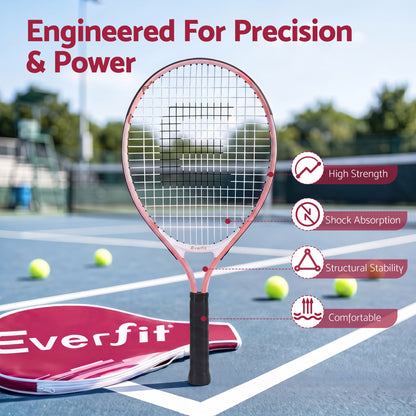 Pink Everfit tennis racket with black cushioned grip on outdoor court