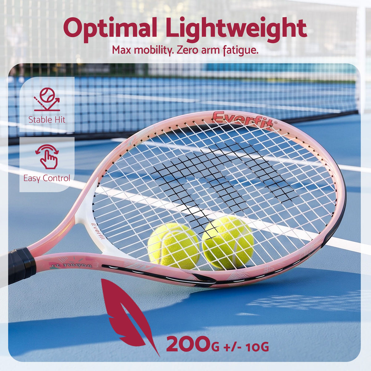 Pink tennis racket with black cushioned grip and strung head, holding lime balls