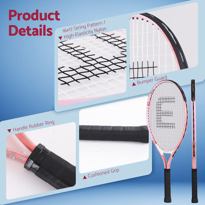Everfit tennis racket product details showing pink frame and black cushioned grip