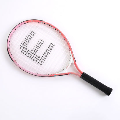 Pink tennis racket with black cushioned grip and white string bed
