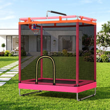 Pink kids rectangular trampoline with basketball hoop and padded frame enclosure