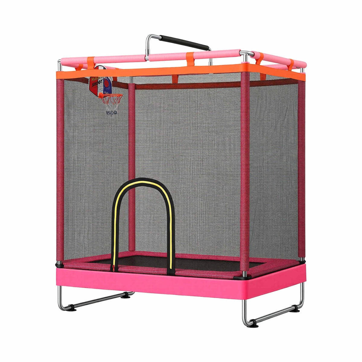 Pink rectangle trampoline rebounder with basketball hoop, safety net enclosure, and handle