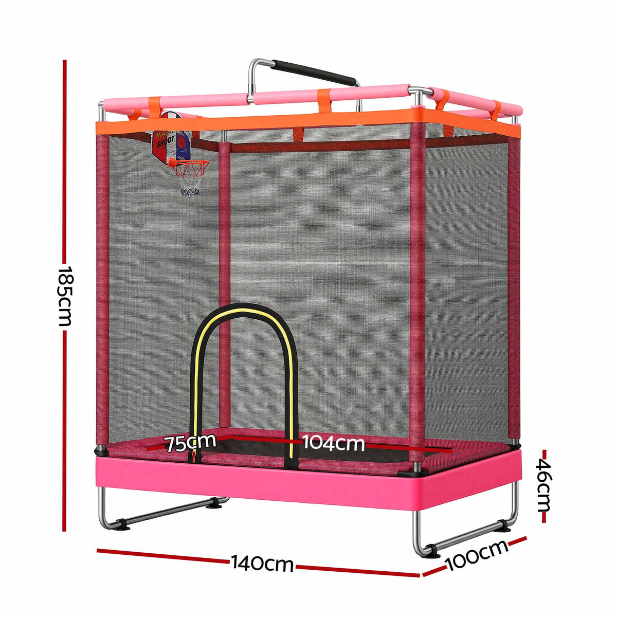 Kids rectangular trampoline with basketball hoop showing frame and safety padding dimensions