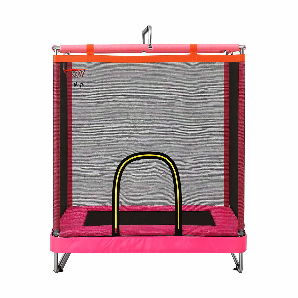Pink kids trampoline rebounder with basketball hoop and enclosed safety netting