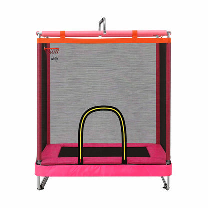 Pink kids trampoline rebounder with basketball hoop and enclosed safety netting