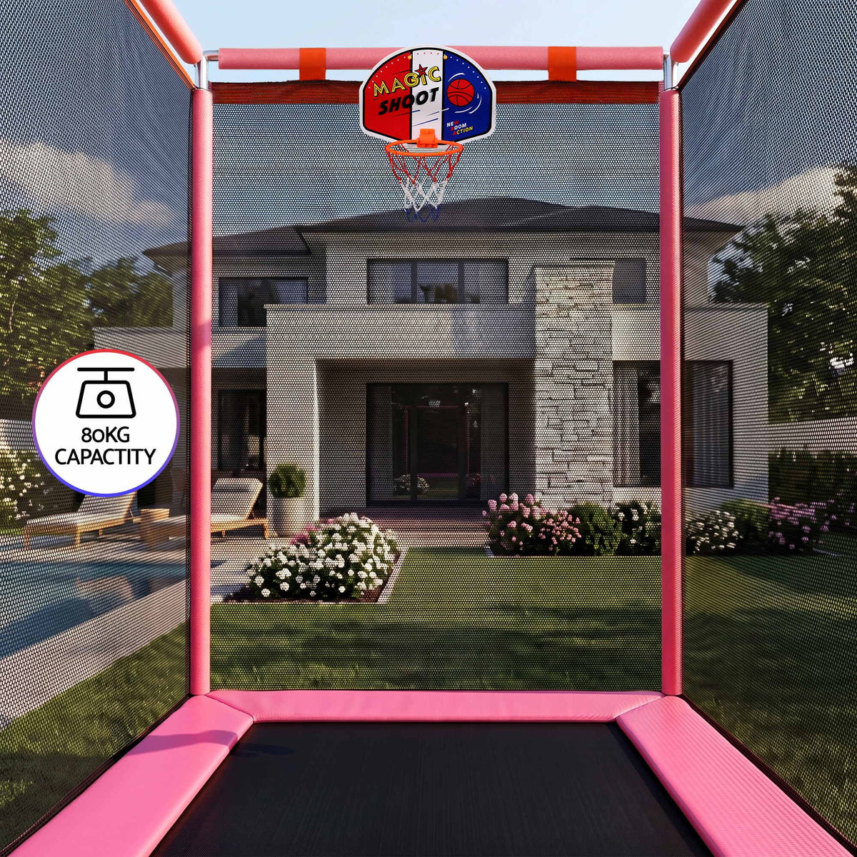 Kids trampoline with basketball hoop, padded jumping surface, and pink frame enclosure
