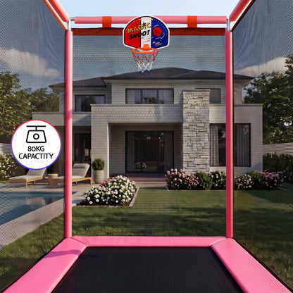 Kids trampoline with basketball hoop, padded jumping surface, and pink frame enclosure