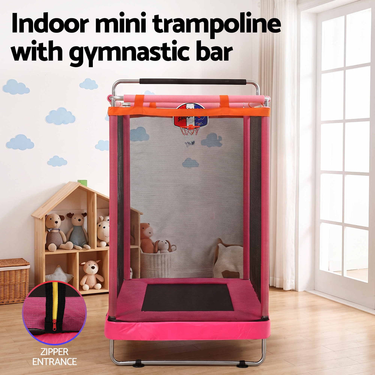 Indoor kids mini trampoline with gym bar, pink frame, and enclosed basketball hoop net
