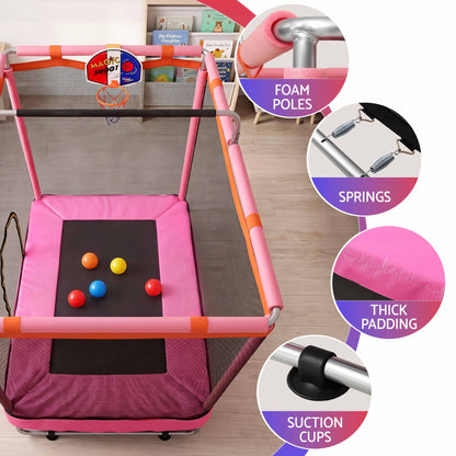 Kids trampoline close-up with basketball hoop, thick pink padding, and foam poles