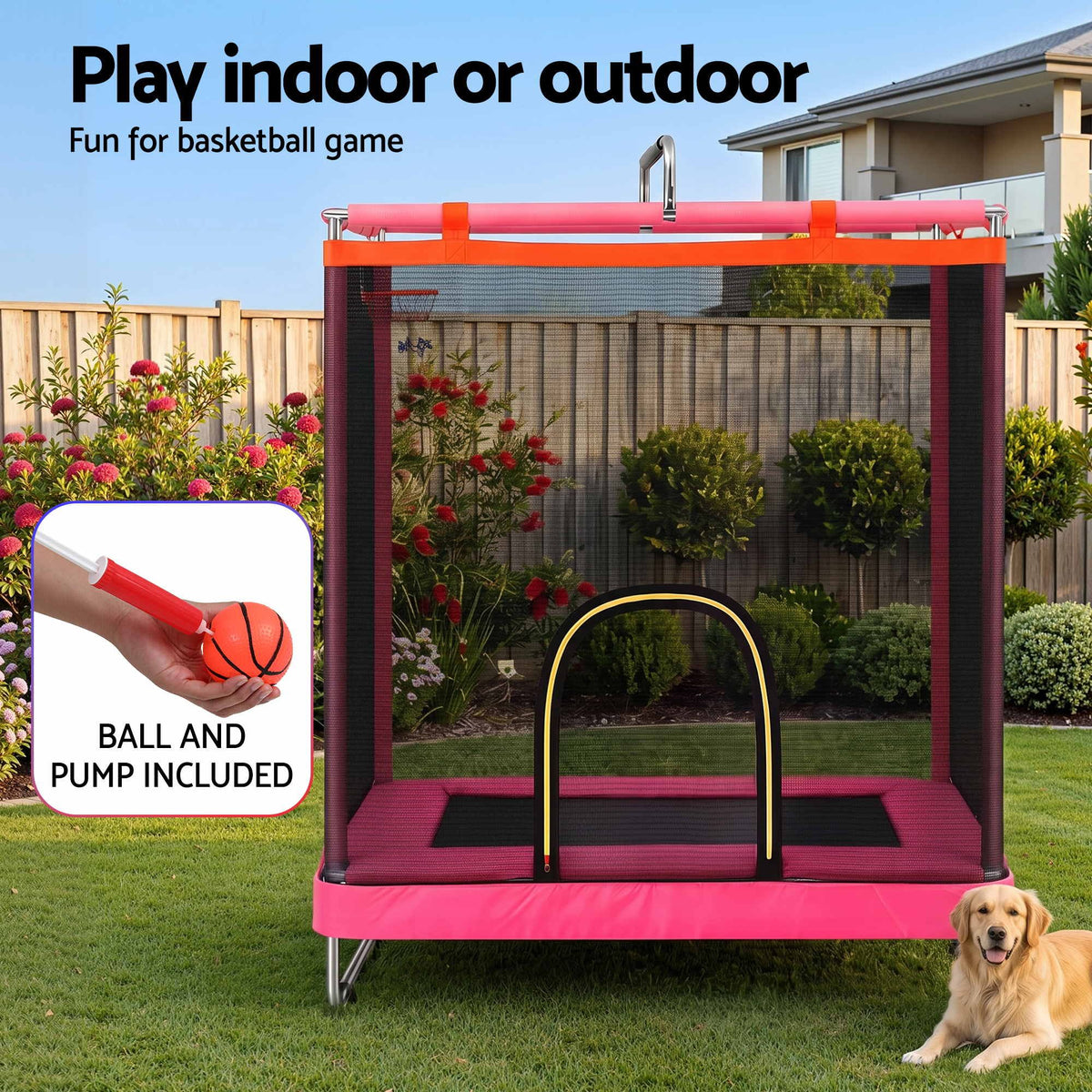 Outdoor kids rectangular trampoline with basketball hoop; ball and pump accessory shown