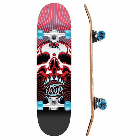 Skateboard deck with skull graphic, red striped background, and blue wheels