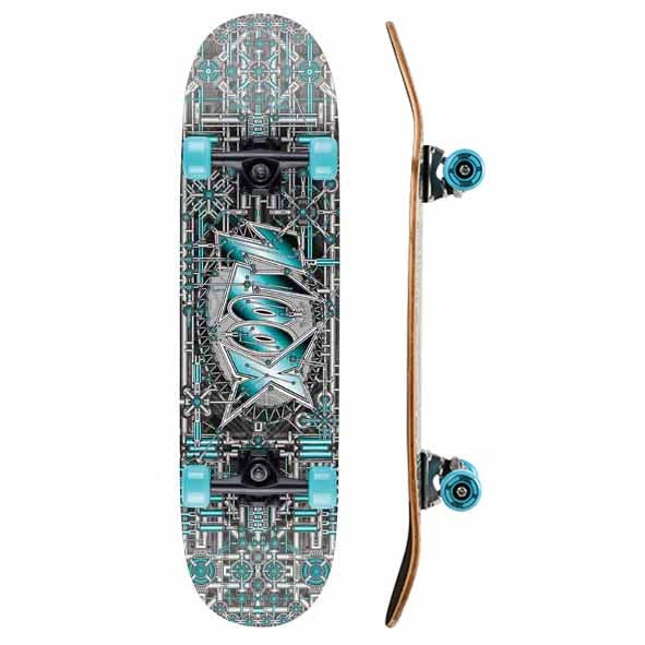 Skateboard deck side profile with circuit graphic, teal wheels, and trucks
